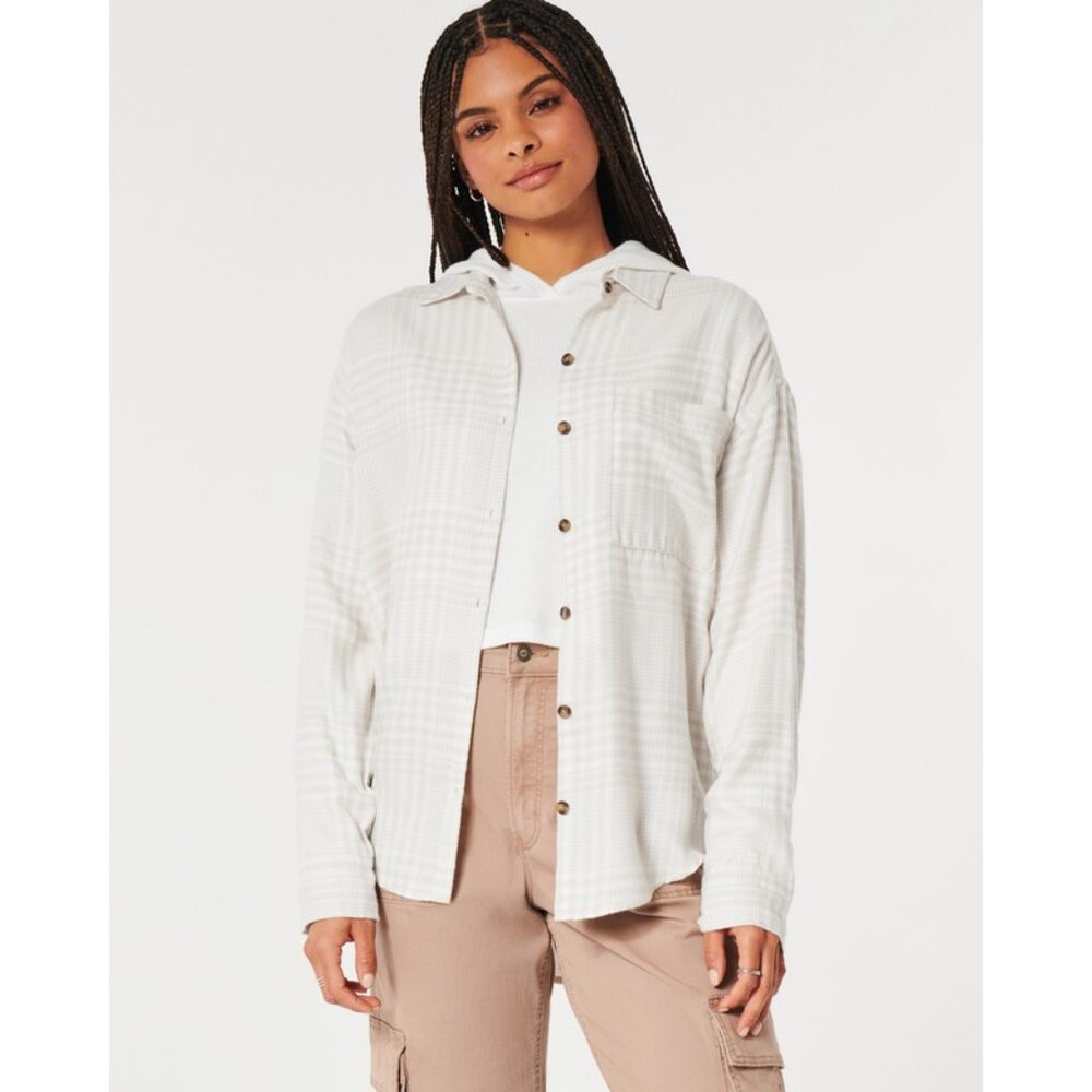 nwot HOLLISTER Relaxed-Fit Soft Flannel Button-Up Shirt in Cream Plaid - Sz. XXL